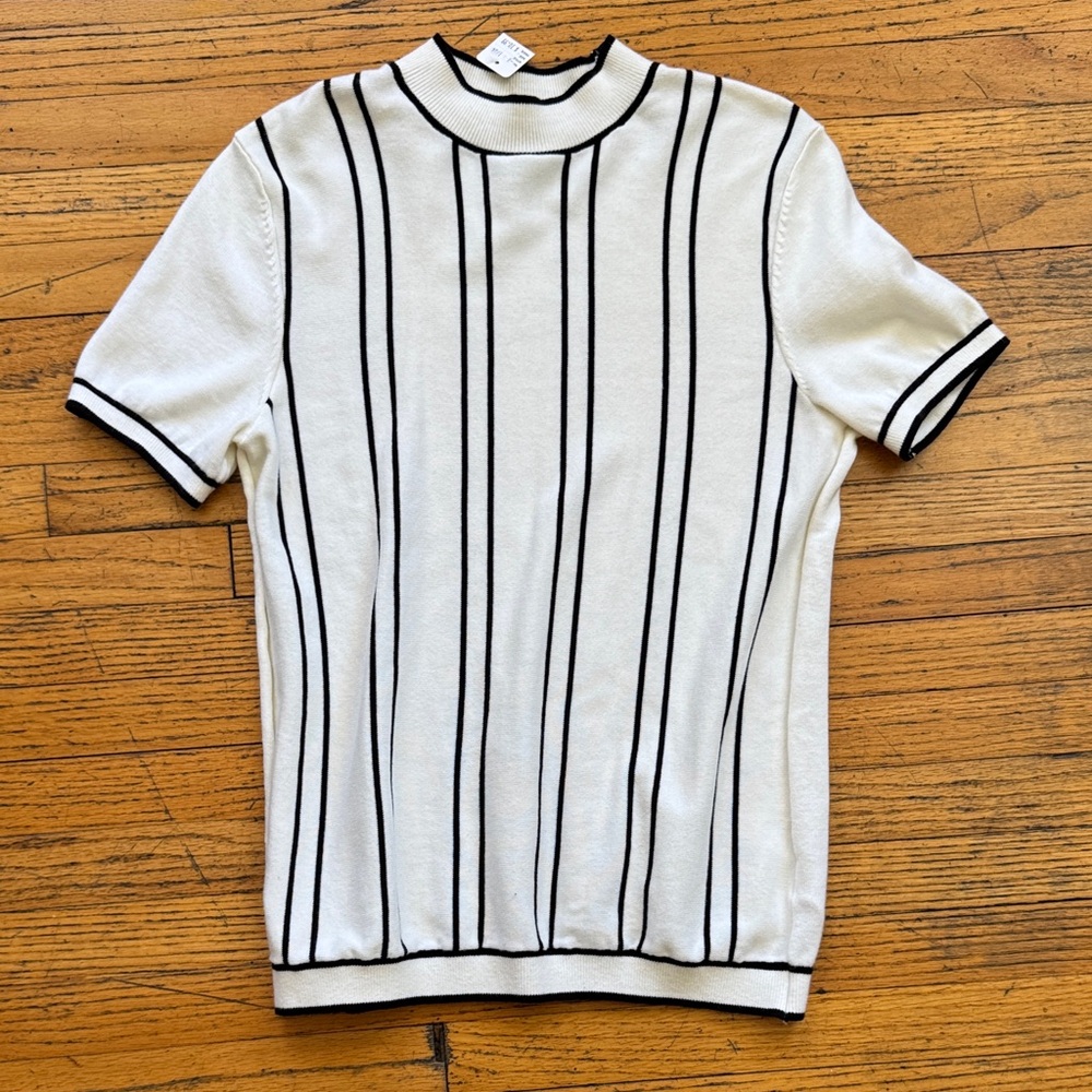 Topman White Tee with Black Vertical Stripes